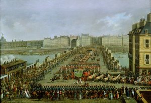 Den kejserliga processionen återvänder till Notre Dame för den heliga ceremonin den 2 december 1804, korsar Pont-Neuf